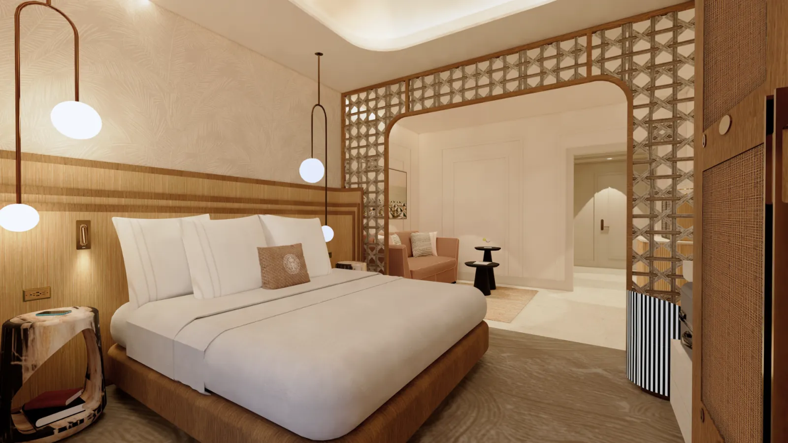 King suite with wood screens and soft lighting